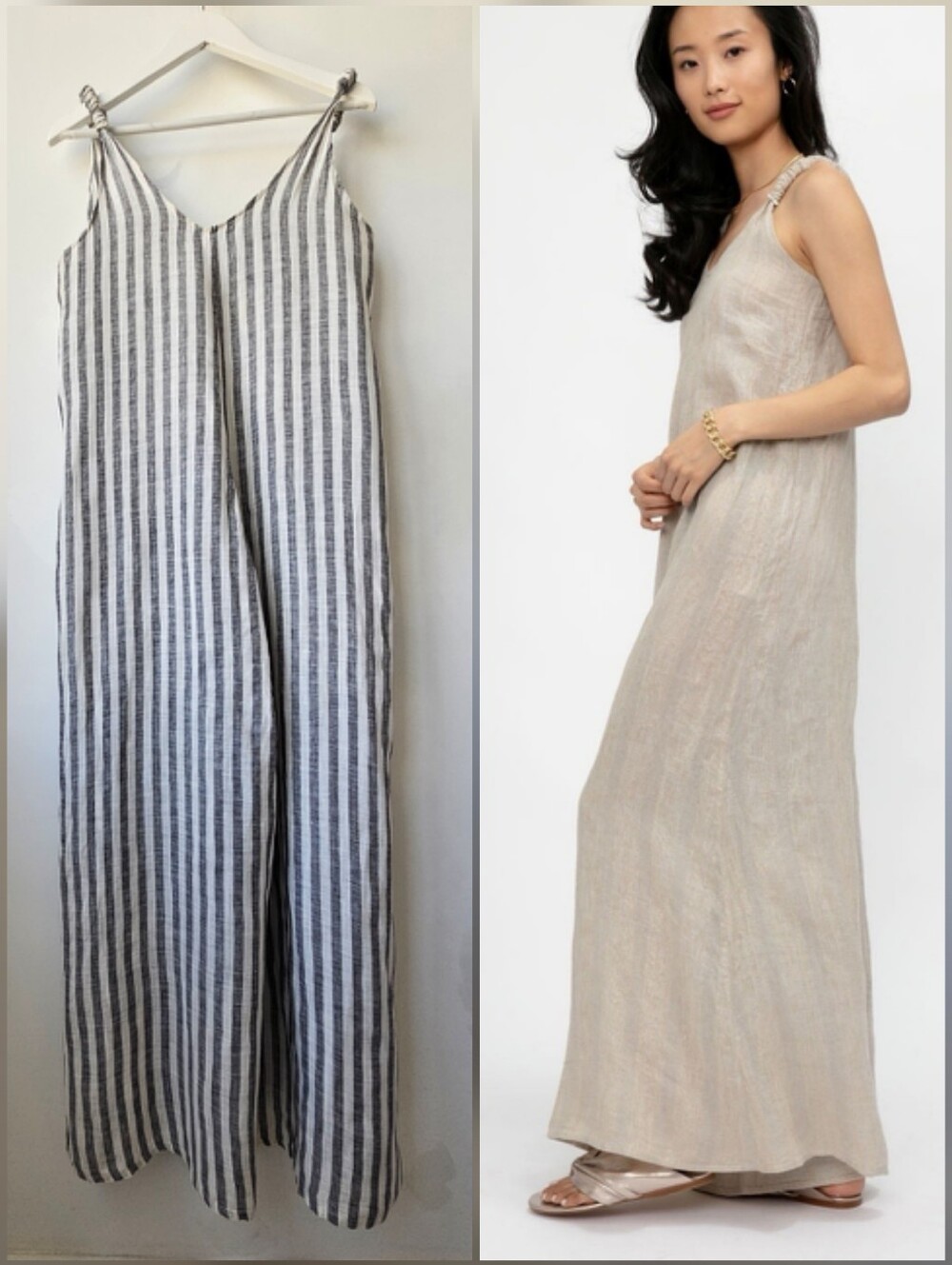 La Bottega Di Brunella Italy Linen Grey And White Wide Leg One Piece Jumpsuit